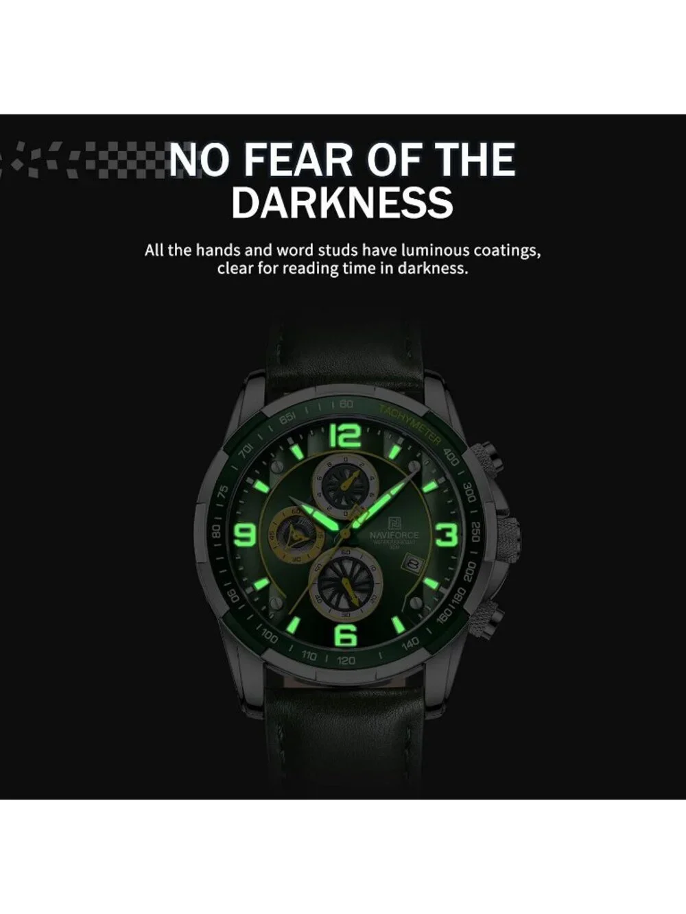 Men's Green Analog Quartz Chronograph Leather Strap Sport Fashion Wrist Watch